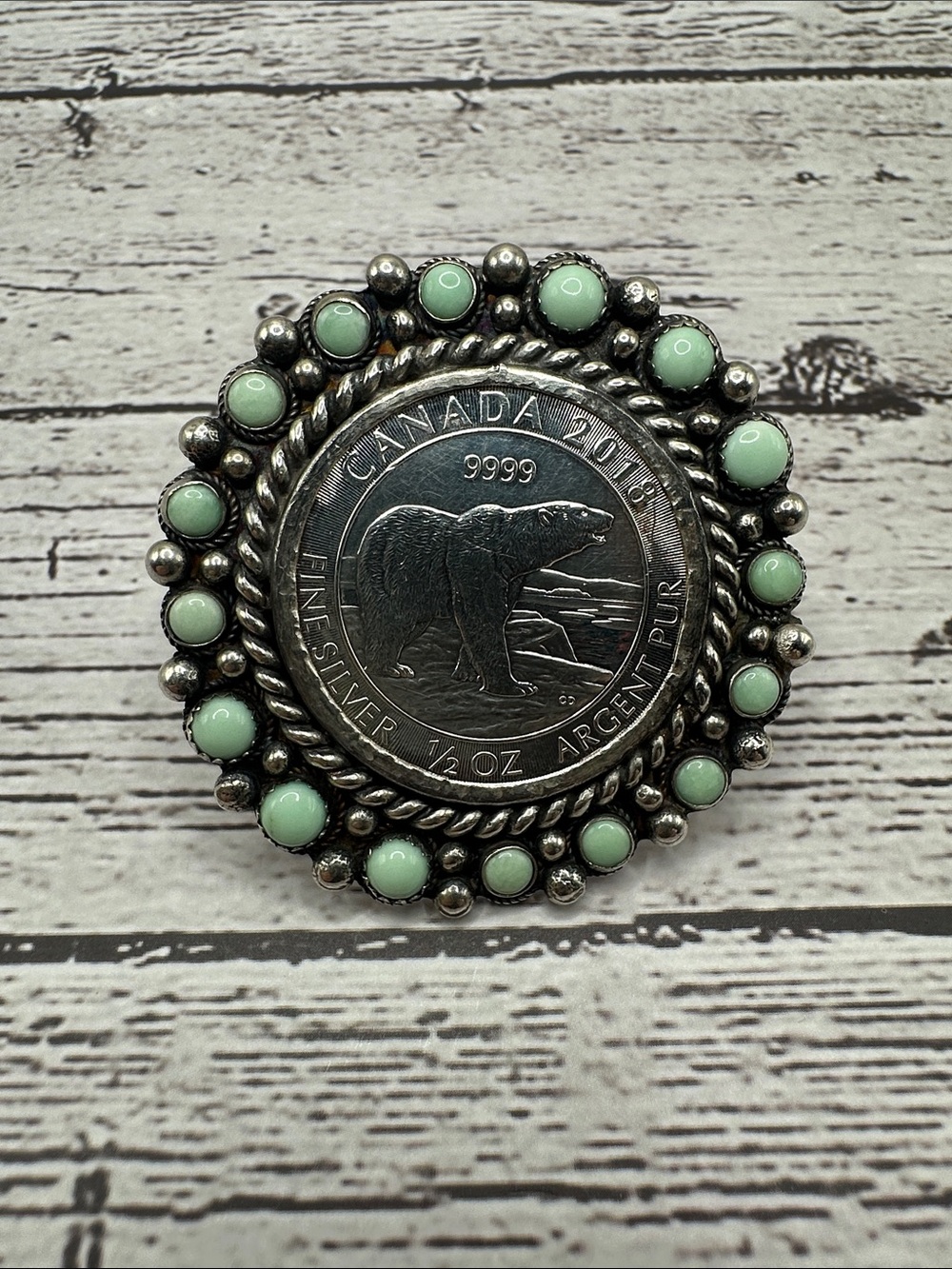 Sterling Silver Coin Ring with Paloma Mint Green Cabochon Halo